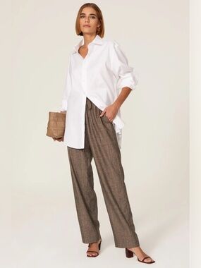 CO Collections || Plaid Wide Leg Pants Drawstring Houndstooth  Brown‎ Tan S